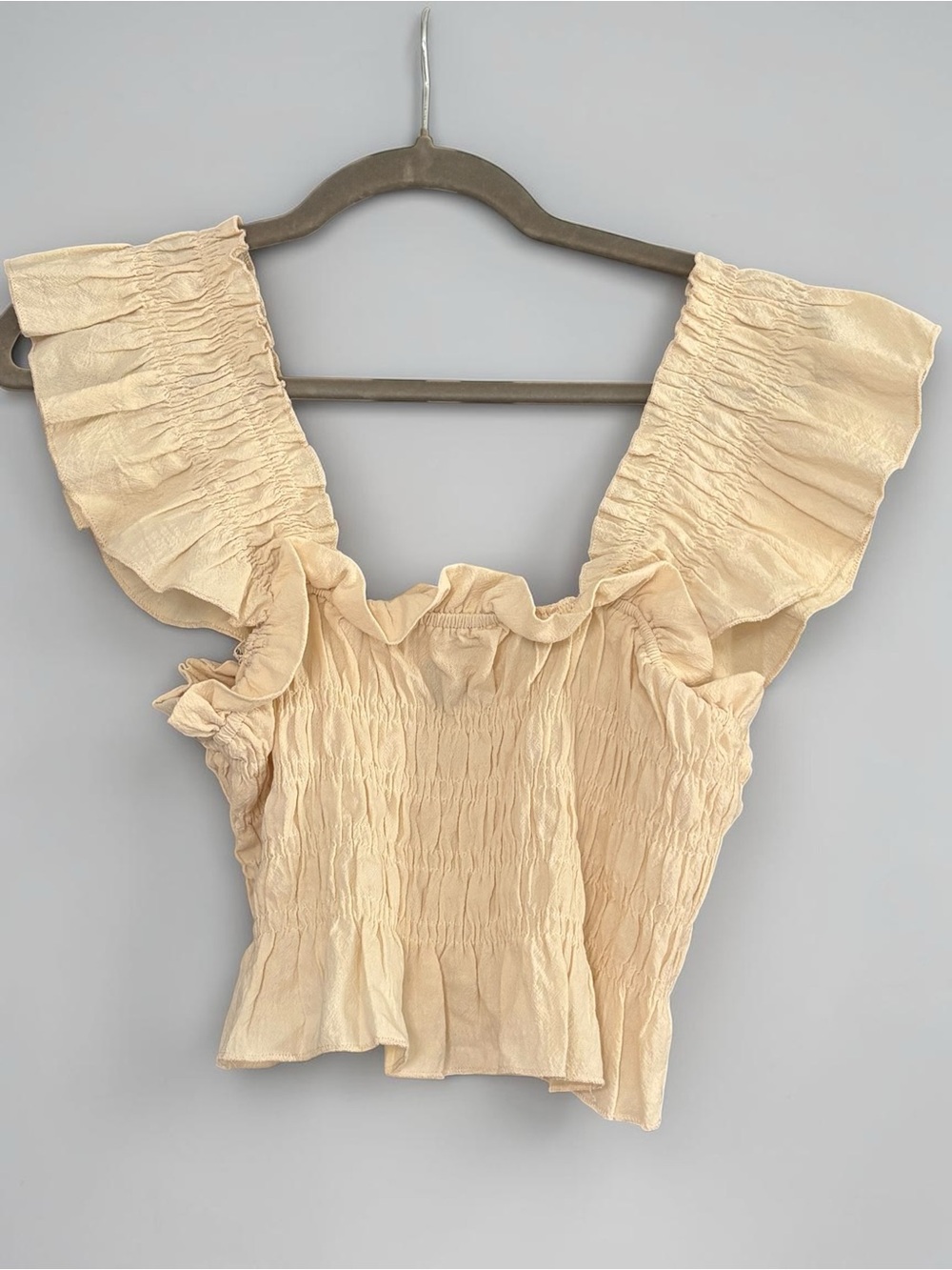 Smocked Ruffle Flutter-Sleeve Top in Beige - Square Neck, Peasant Bohemian